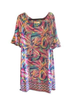 Pappagallo Victoria Abstract Floral Print Jersey Knit Ruffle Sleeve Shift Dress